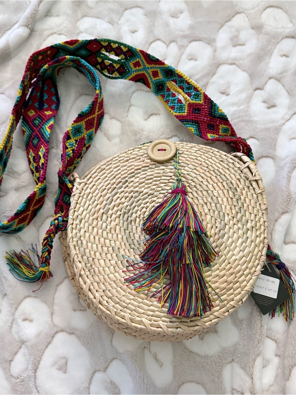 Del Rio Woven Round Straw Crossbody Bag with Multicolor Tassel Strap NWT